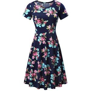 HUHOT Short Sleeve Round Neck Flared Midi Dress